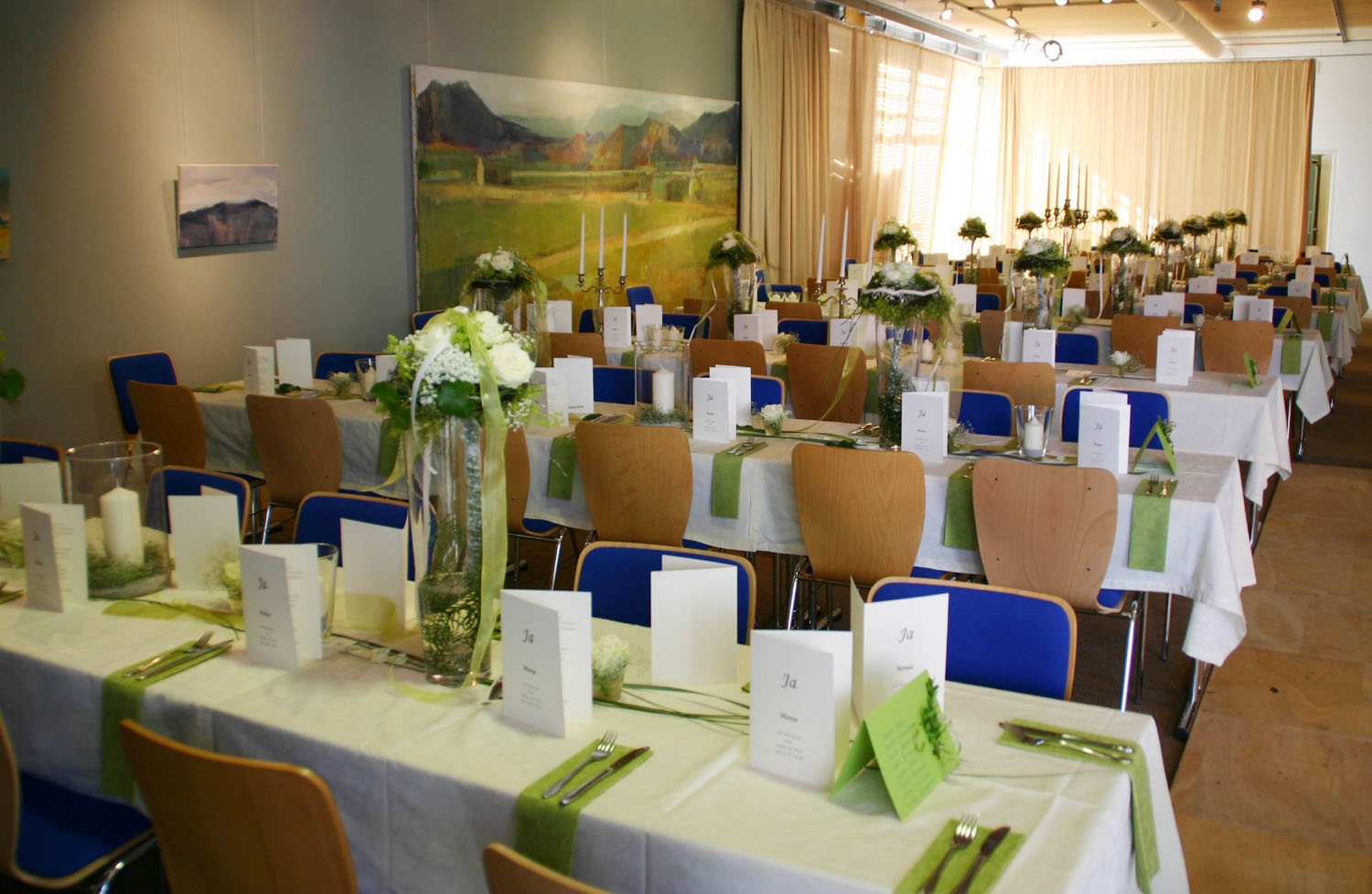 Festively decorated tables with banquet seating