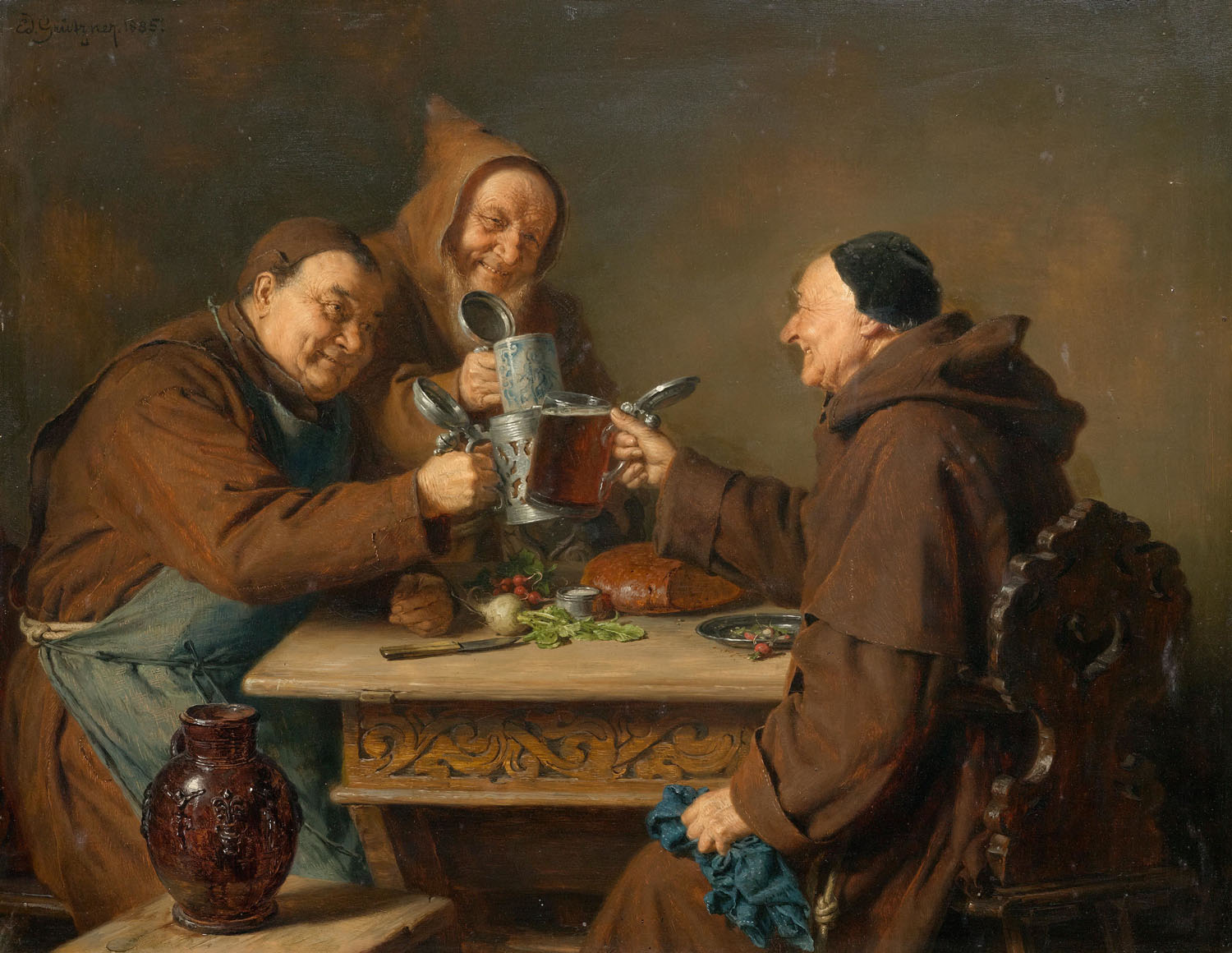 Gemälde von Eduard Grützner: Drei Mönche bei der Brotzeit